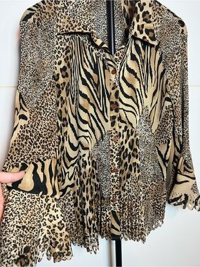 Sioni XL Animal Print Pleated Blouse Leopard Zebra Sheer Button Front Top